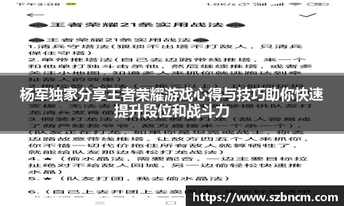 杨军独家分享王者荣耀游戏心得与技巧助你快速提升段位和战斗力